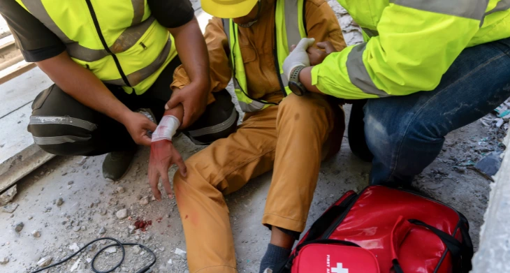 Ersthelfer versorgen verletzten Bauarbeiter mit Verband auf Baustelle.