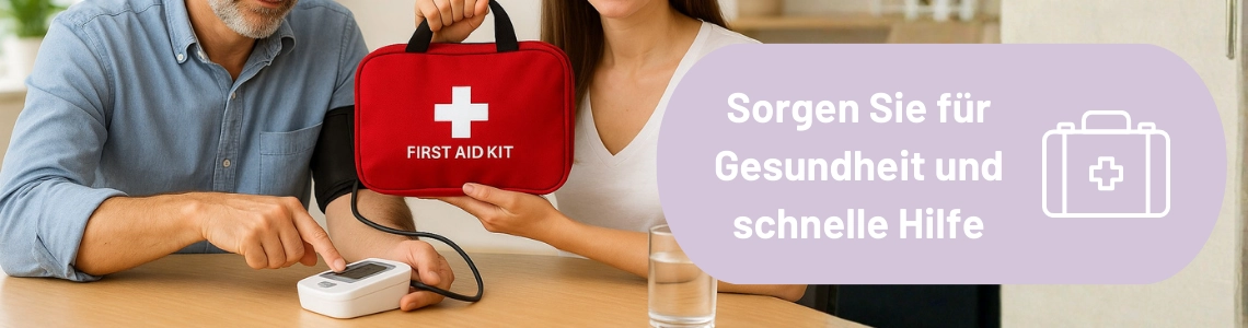 Zwei Mitarbeitende im Büro mit Blutdruckmessgerät und Erste-Hilfe-Tasche.