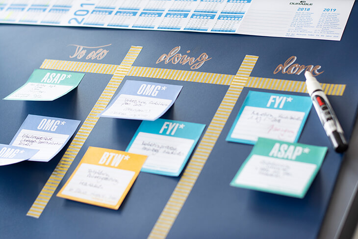 Detailsaufnahme einer Schreibtischunterlage: Mithilfe von Maskingtape wurde eine Tabelle auf die Schreibtischunterlage geklebt und die Spalten für die Kanban-Technik in to do, doing und done unterteilt. In die Spalten wurden Haftnotizen mit unterschiedlichen Aufgaben geklebt. 