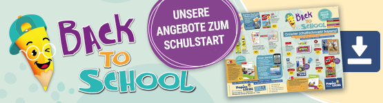 Button mit Text "Back to school", Comiczeichnung eines Bleistiftes und Text "Unsere Angebote zum Schulstart"