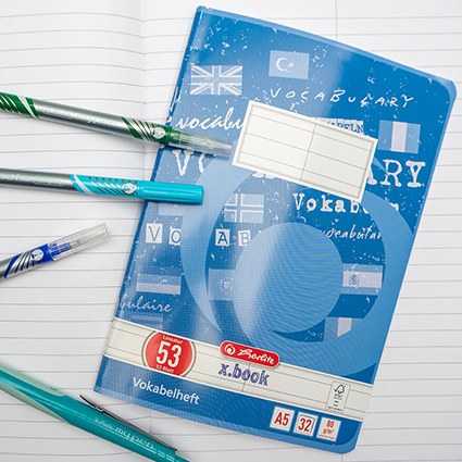 Auf einem linierten Schulheft liegt ein blaues Vokabelheft A5 der Marke Herlitz. Seitlich ragen verschiedene Fasermaler und ein türkisfarbener Kugelschreiben ins Bild. Foto: Johanna Rundel 