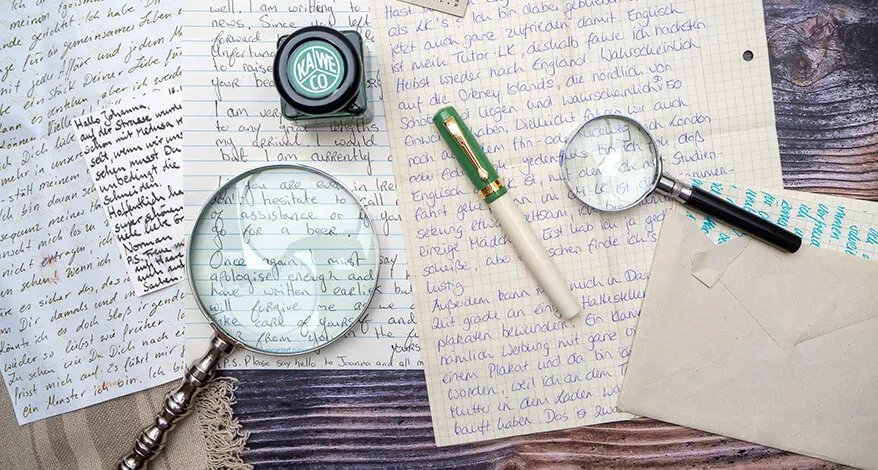 Auf einem dunklen, rustikalen Holztisch liegen verschiedene handschriftliche Briefe und Karten. Darauf zwei Lupen, sowie ein Retro-Füller von Kaweco und ein Tintenfass mit grüner Tinte. Foto: Johanna Rundel