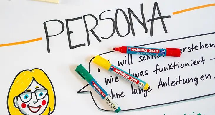 Nahaufnahme eines Persona-Flipcharts mit edding-Markern. Foto: Johanna Rundel