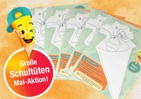 Abbilung mehrere Bastelbögen und Störer mit Text "Große Schultüten Mal-Aktion"