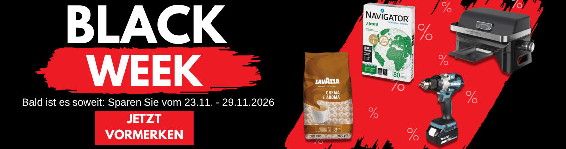 Auf schwarzem Hintergrund mit roten Streifen sind 4 Produkte abgebildet. Oben rechts steht "Black Week".
