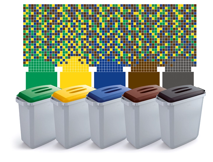 Farbige Mülltonnen von DURABLE für systematische Abfalltrennung.