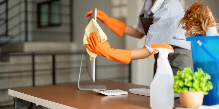 Ein Bild, das eine Frau mit orangen Gummihandschuhen zeigt, die einen Bildschirm auf einem Schreibtisch mit einem gelben Lappen reinigt. Auf dem Schreibtisch befinden sich auch eine Tastatur, ein Taschenrechner und eine weiße Reinigungsflasche.