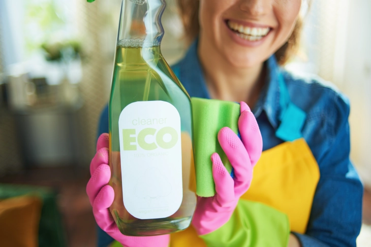 Das Bild zeigt ine junge Frau mit pinken Gummihandschuhen, die in ihren Händen einen grünen Putzschwamm und eine durchsichtige Sprühflasche mit ökologischem Putzmittel und dem Aufdruck ECO hält.