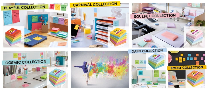 Anwendungsabbildungen der verschiedenen der Farbcollectionen Playful Collection, Carnival Collection, Soulful Collection, Cosmic Collection, Oasis Collection und Boost Collection“.
