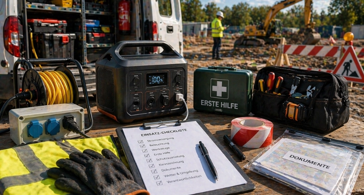 Einsatzvorbereitung für Outdoor Arbeiten mit Checkliste, Werkzeugen und Sicherheitsausrüstung.