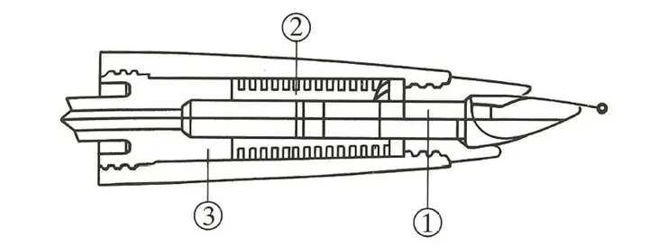 Technische Zeichnung des Tintenleitsystems in einem Füller. 
