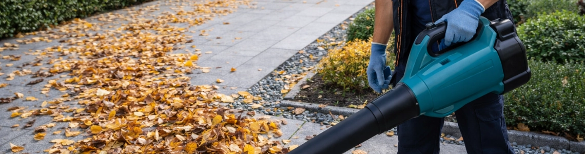 Mitarbeiter entfernt Herbstlaub vor modernem Firmengebäude.