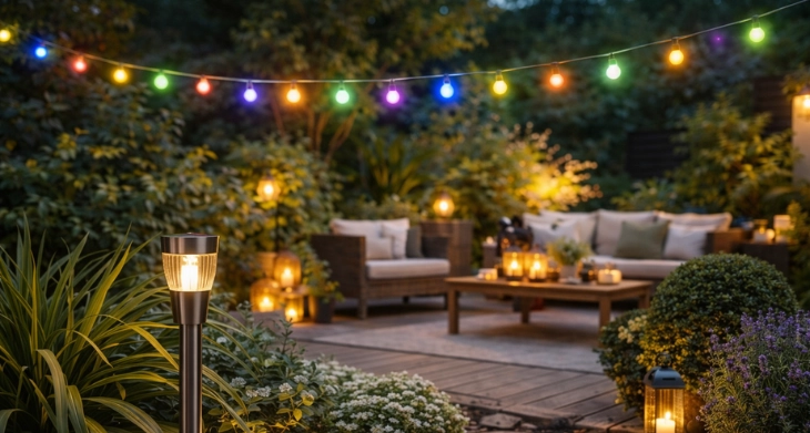 Garten mit bunter Lichterkette, Solar-Stableuchte und Bodenstrahler in Abenddämmerung.