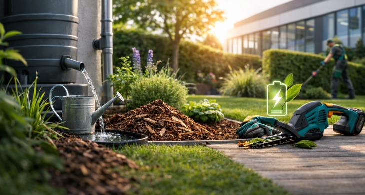 Regenwassertonne und Akku-Gartengerät in einem gepflegten Unternehmensgarten.