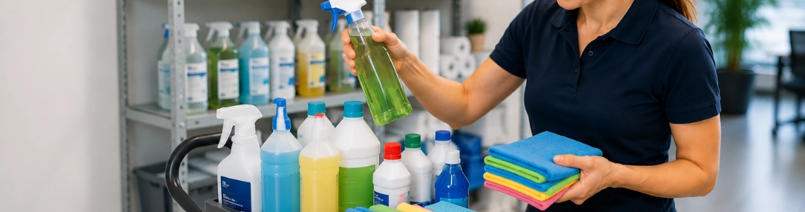 Mitarbeiterin wählt Reinigungsmittel und Mikrofasertücher für Büroreinigung