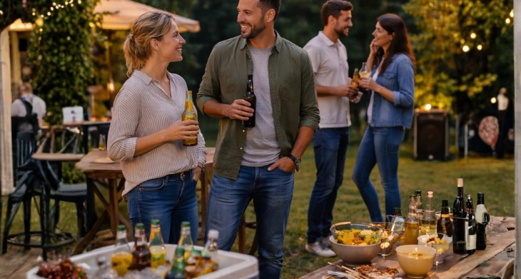 Kollegen genießen ein entspanntes After Work Event draußen mit Getränken und Lichterkette
