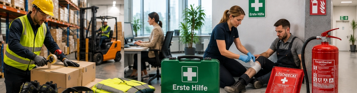 Mitarbeitende in verschiedenen Arbeitsbereichen mit persönlicher Schutzausrüstung und Sicherheitsausstattung im Unternehmen.