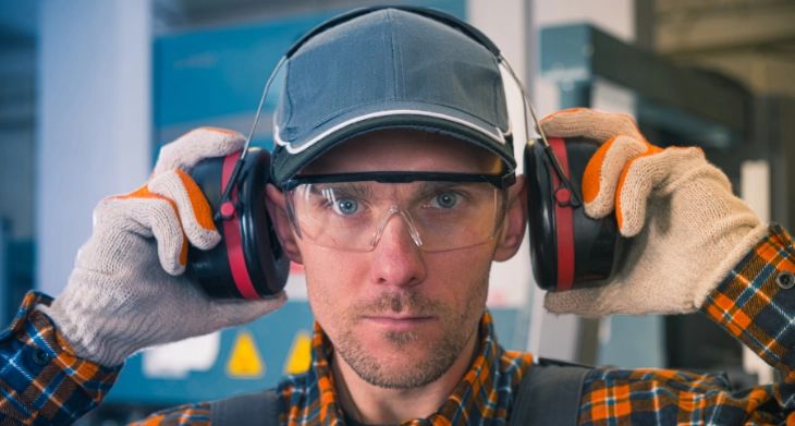 Arbeiter mit Arbeitshandschuhen, Schutzbrille und Gehörschutz in Industriehalle.