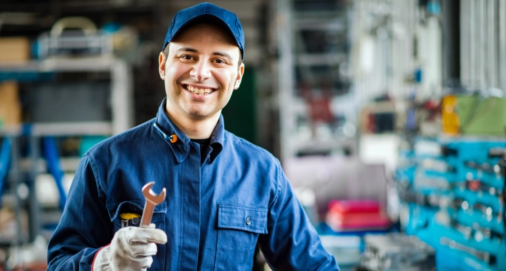 Lächelnder Mechaniker in blauer Arbeitskleidung mit Schraubenschlüssel in Werkstatt. Weitere Werkzeugausstattung im Hintergrund sichtbar.