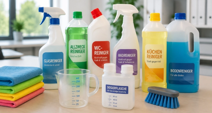 Dosierflasche, Messbecher und verschiedene Reinigungsmittel auf einer Arbeitsplatte.