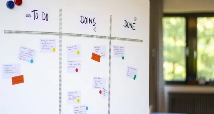 Auf einem weißen Board ist eine Kanban-Tabelle aufgemalt, in ihr kleben Haftnotizen.