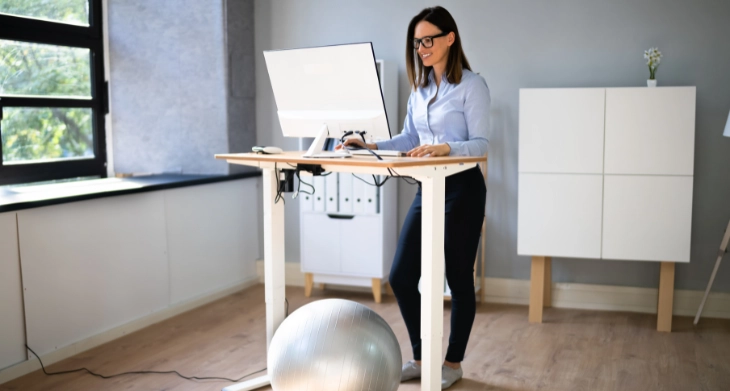 Frau arbeitet im Stehen an einem höhenverstellbaren Schreibtisch mit Gymnastikball im Büro.