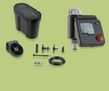 Bewässerungssysteme vor grünem Hintergrund.