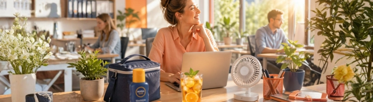 Eine Frau sitzt am Tisch mit Kühltasche, Glas, Ventilator und Sonnencreme.