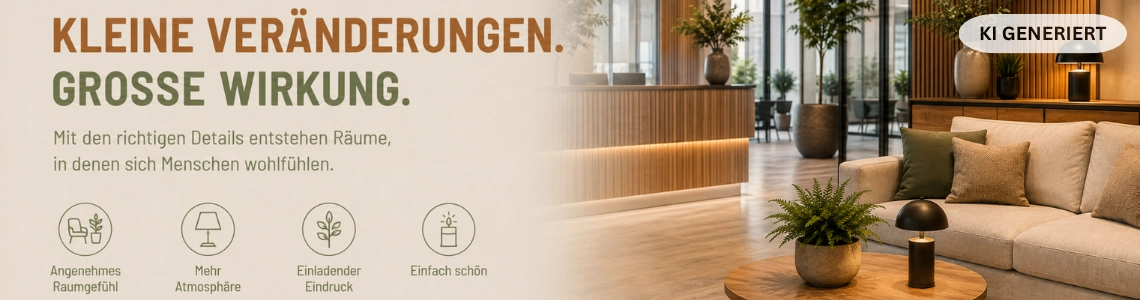 Heller Empfangsbereich mit Sitzgruppe, Pflanzen, Vasen und dekorativer Beleuchtung.