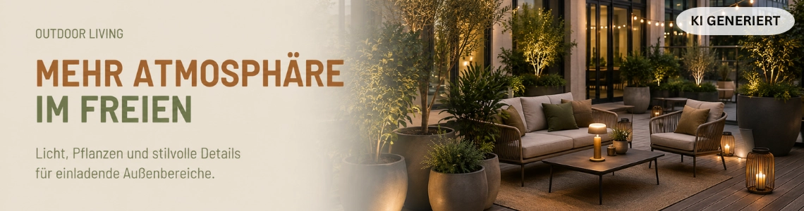 Beleuchtete Business-Terrasse mit Sitzgruppe, Pflanzgefäßen und Lichterkette.