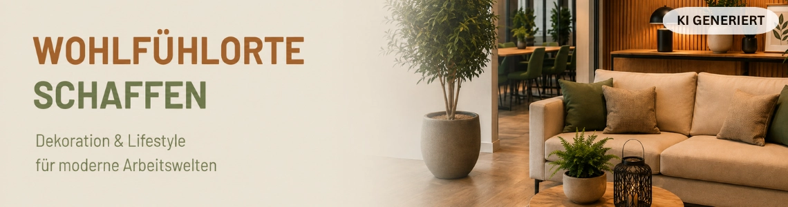 Moderner Büro-Loungebereich mit Sofa, Pflanzen und warmer Tischbeleuchtung.
