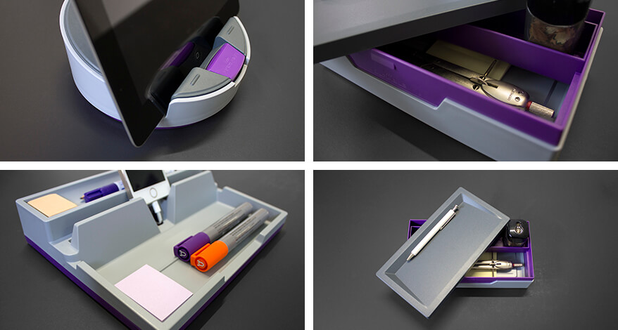 Collage diverser Schreibtisch Ordnungssystemen wie Ablageschale, Desk Organizer und Tablet Base in der Farbe lila der Marke DURABLE.