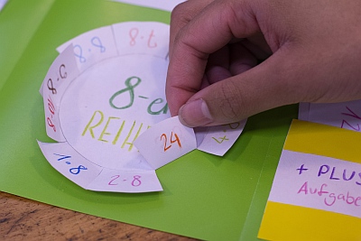 Ein Kreis aus weißen Papier wurde auf einen grünen Karton geklebt und mit der 8er-Reihe in bunten Farben beschriftet. Eine Hand hebt einen Ausschnitt des Kreises mit einer Rechenaufgabe hoch, auf dessen Unterseite sich die Lösung verbirgt.