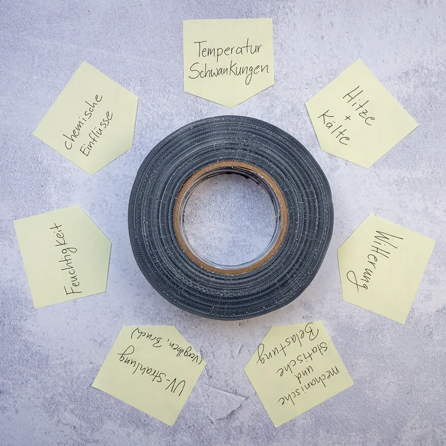 Eine Rolle Gewebeklebeband liegt auf einem hellgrauen Untergrund. Darum sind auf Zetteln die verschiedenen äußeren Einflüsse, die ein Klebeband beeinflussen können, aufgeschrieben. Foto: Johanna Rundel