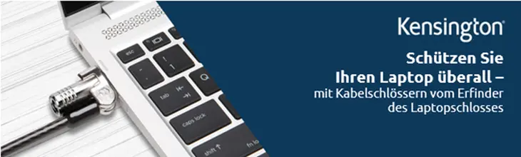 Das Bild zeigt ein Laptopschloss von Kensington, das an einem Laptop befestigt ist. Der Text betont den Schutz von Laptops mit einem Kabelschloss vom Erfinder des Laptopschlosses.