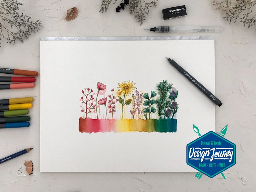 Auf einem Blatt sind bunte Blumen gemalt, Stifte von Staedtler liegen daneben. Design-Journey Logo von Staedtler.