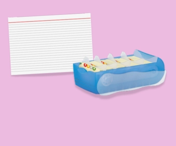 Karteikarten und -kasten vor pinkem Hintergrund.