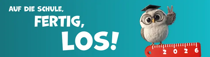 Grafik mit illustrierter Eule, einem Lineal und dem Text „Auf die Schule, fertig, los!“
