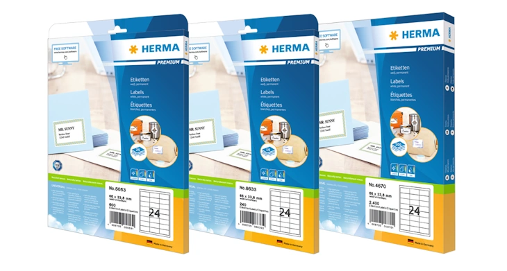 Drei Packungen HERMA Premium Etiketten in unterschiedlichen Verpackungseinheiten.