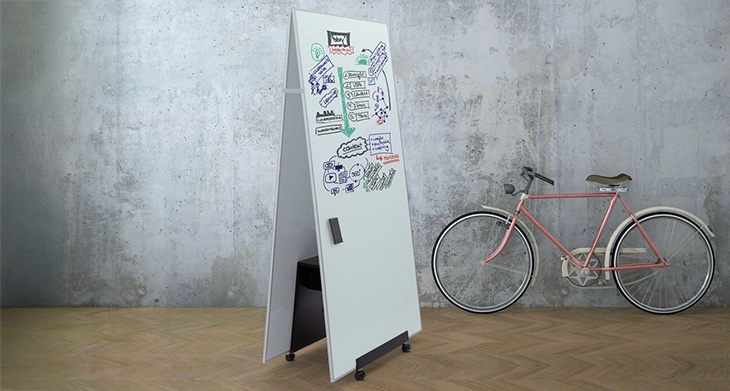 Zwei Whiteboards im Zeltaufbau vor grauer Wand mit Fahrrad.
