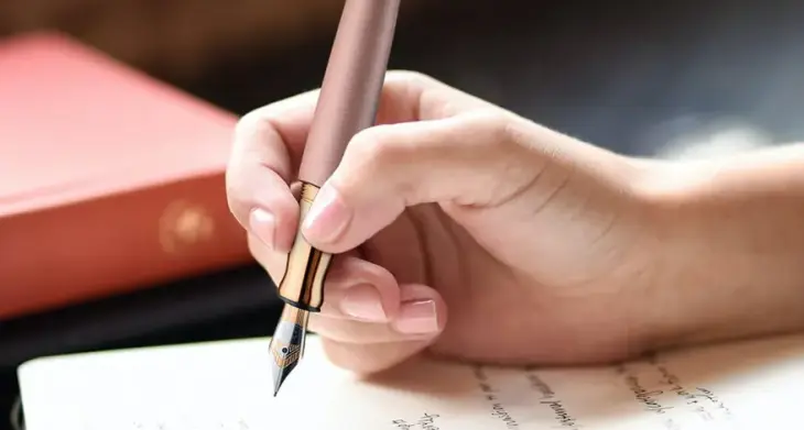 Jemand schreibt mit einem roséfarbenen Füller auf ein Blatt Papier.