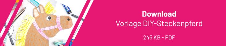 Downloadbutton für ein DIY-Steckenpferd in rosa.