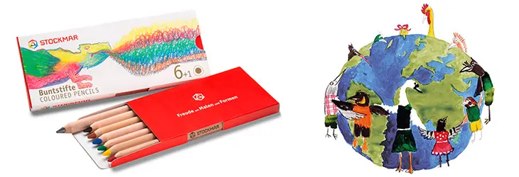 Neben einer Packung Buntstifte von STOCKMAR ist eine Weltkugel mit verschiedenen Tieren gemalt.