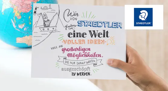 Ein Blatt wurde mit Stiften von Staedtler belettert. Im Hintergrund sieht man einen Globus.