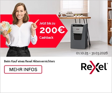 Eine Frau zeigt auf "200 € Cashback" neben einem Aktenvernichter