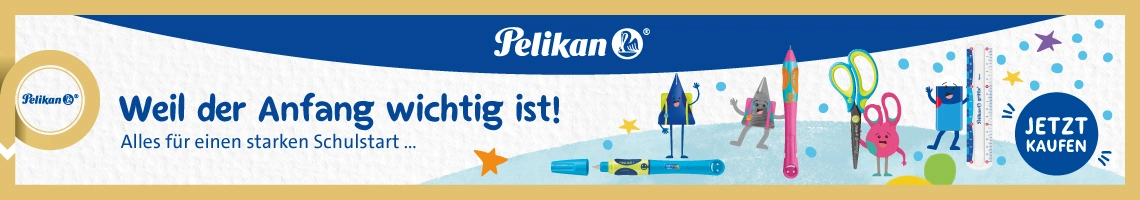 Pelikanartikel vor blauem Hintergrund.