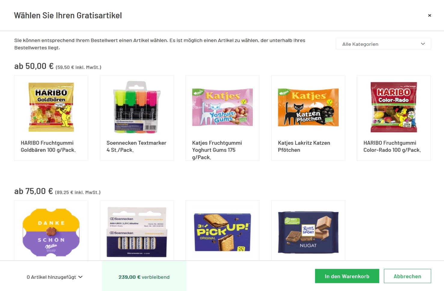 Abbilung der Gratisartikelauswahl