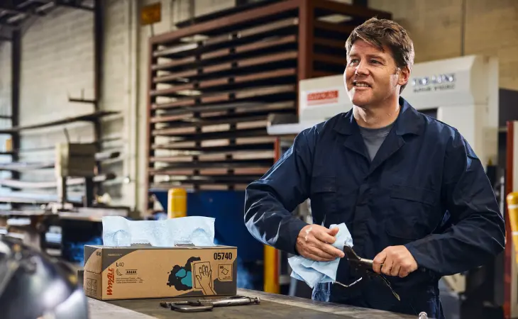 Das Bild zeigt einen lächelnden Mann in blauem Arbeitsanzug in einer Werkstatt, der eine Zange mit einem blauen Papiertuch reinigt. Auf dem Tisch vor ihm steht eine offene Schachtel mit Papiertüchern der Marke „WypAll“. Im Hintergrund sind Werkzeuge und Industriemaschinen sichtbar.