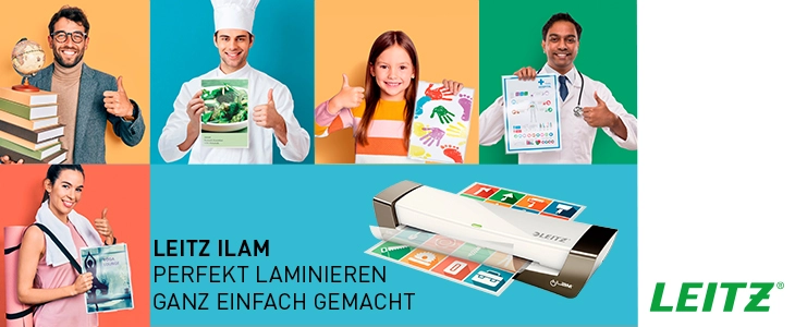 Das Bild zeigt das Leitz ILam Laminiergerät und verschiedene Personen aus unterschiedlichen Berufsfeldern, die laminierte Dokumente präsentieren, darunter ein Lehrer, ein Koch, ein Kind, eine Studentin und ein Arzt. Der Slogan 'Perfekt laminieren – ganz einfach gemacht' betont die einfache Handhabung und Vielseitigkeit des Geräts.