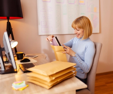 Eine Frau schließt einen Umschlag.
